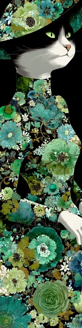 Cat bookmarks featuring a cat in a green dress and a hat